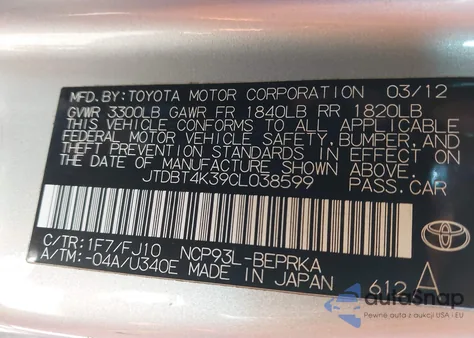 2012 Toyota Yaris from USA, damaged, VIN JTDBT4K39CL038599